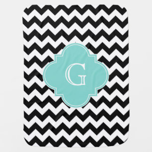 Black White Chevron Aqua Quatrefoil Monogram Swaddle Blanket