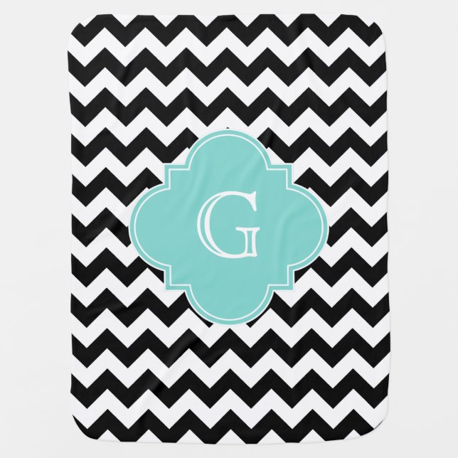 Black White Chevron Aqua Quatrefoil Monogram Swaddle Blanket (Front)