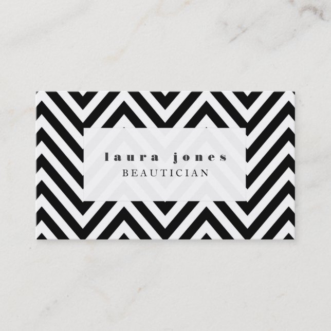 Black + White Chevron Beautician Fashion Template Business Card (Front)