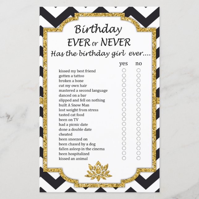 Black White Chevron Birthday ever or never game (Front)