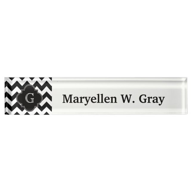 Black White Chevron Black Quatrefoil Monogram Name Plate (Front)