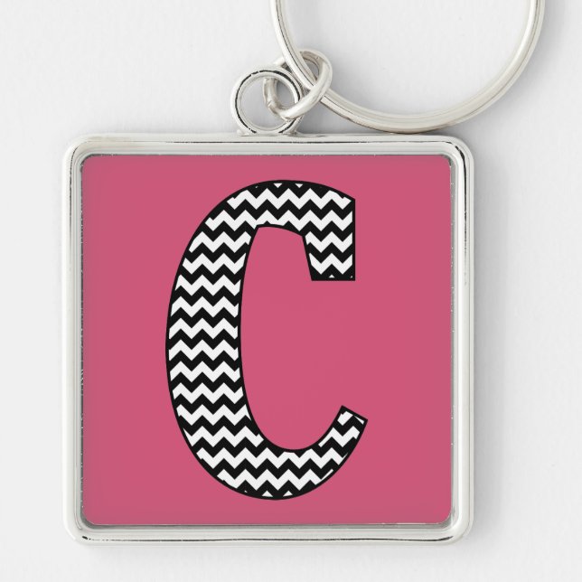 Black & White Chevron "C" Monogram Square Keychain (Front)