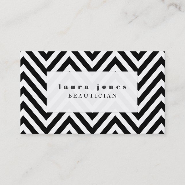 Black + White Chevron Fashion Stylist Template Business Card (Front)