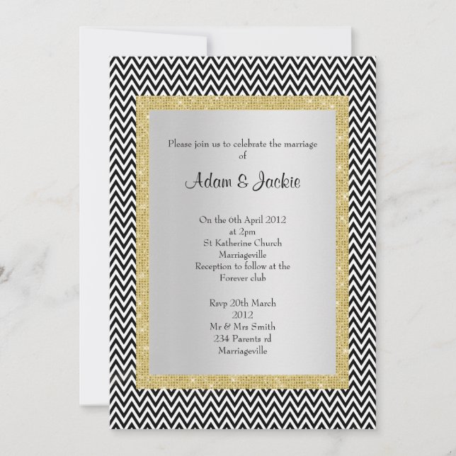 Black white chevron gold ELEGANT CLASSY WEDDING Invitation (Front)