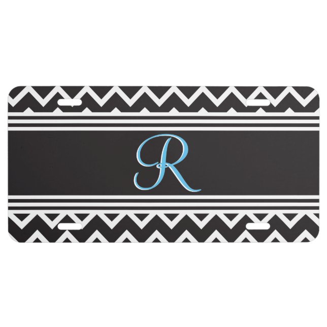 Black | White Chevron Gothic Zigzag Monogram License Plate (Front)