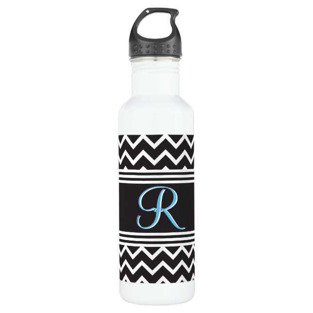 Black | White Chevron Gothic Zigzag Monogram Stainless Steel Water Bottle (Front)