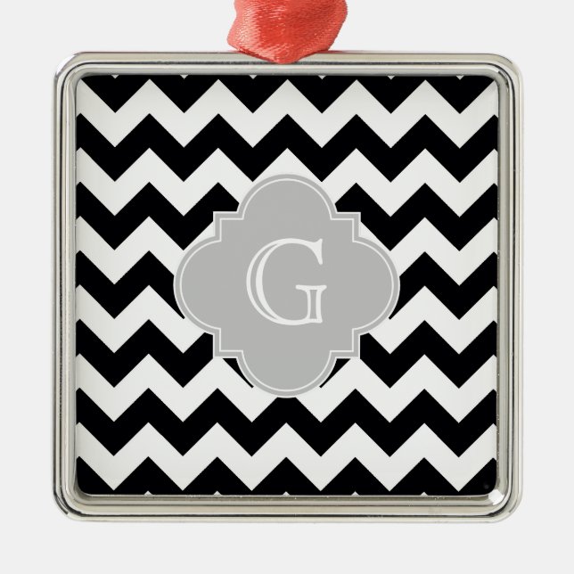 Black White Chevron Gray Quatrefoil Monogram Metal Ornament (Front)