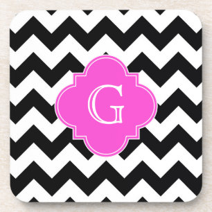 Black White Chevron Hot Pink Quatrefoil Monogram Drink Coaster