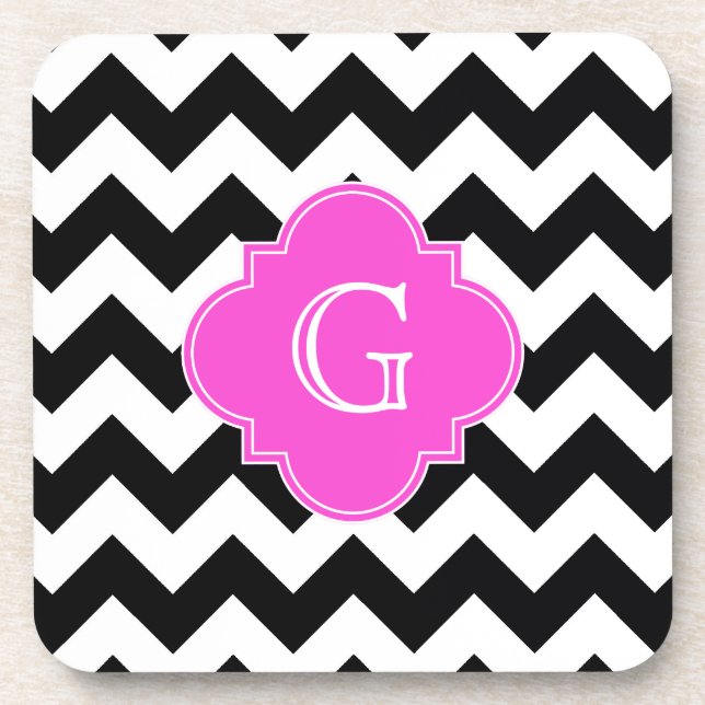 Black White Chevron Hot Pink Quatrefoil Monogram Drink Coaster (Front)