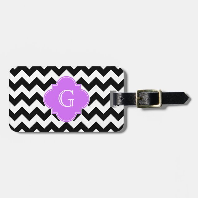 Black White Chevron Lilac Quatrefoil Monogram Luggage Tag (Front Horizontal)