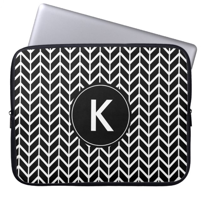 Black White Chevron Monogram Laptop Sleeve (Front)