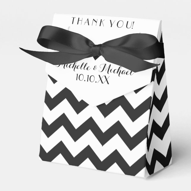 Black White Chevron Names Date Wedding Favor Boxes (Front Side)