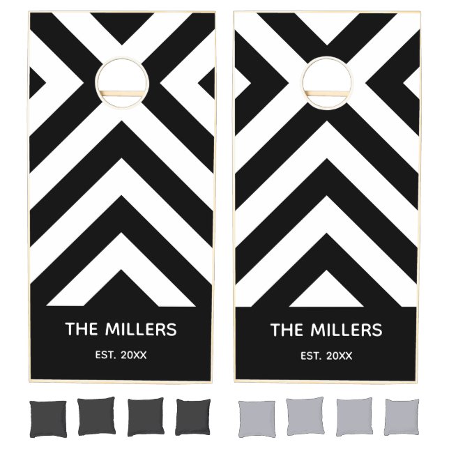 Black White Chevron Pattern with Family Name Cornhole Set (Set)