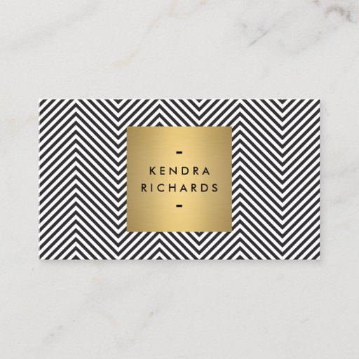 Customizable Black/White Chevron Pattern with Gold Name Logo Business Card Template