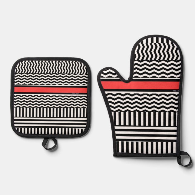 Black White Chevron + Red Band  Oven Mitt & Pot Holder Set (Front)
