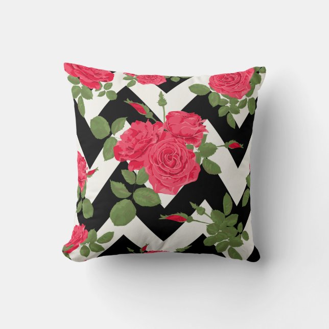 Black/White Chevron Rose Decorative Pillow (Front)