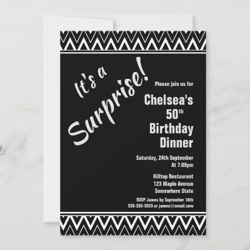 Black White Chevron Surprise 50th Birthday Dinner Invitation