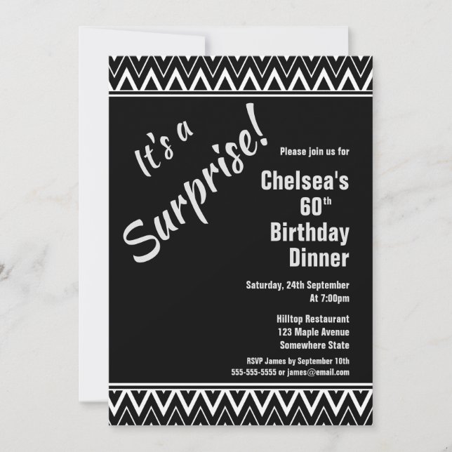 Black White Chevron Surprise 60th Birthday Dinner Invitation (Front)