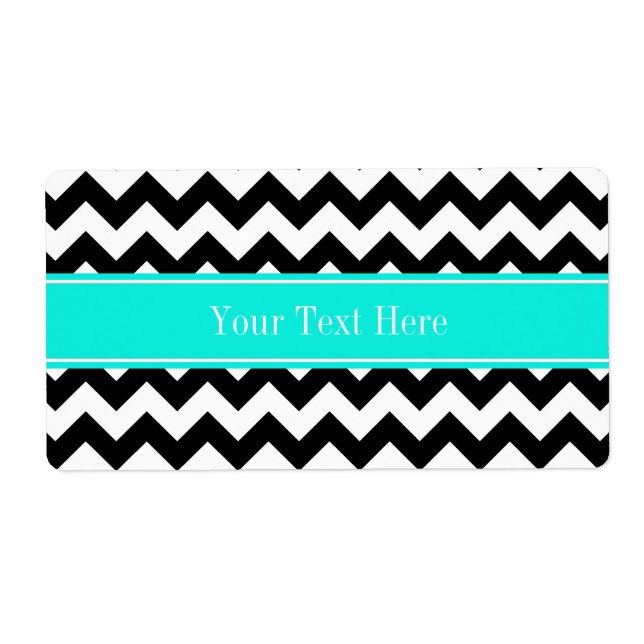 Black White Chevron Zig Zag Brt Aqua Name Monogram Label (Front)