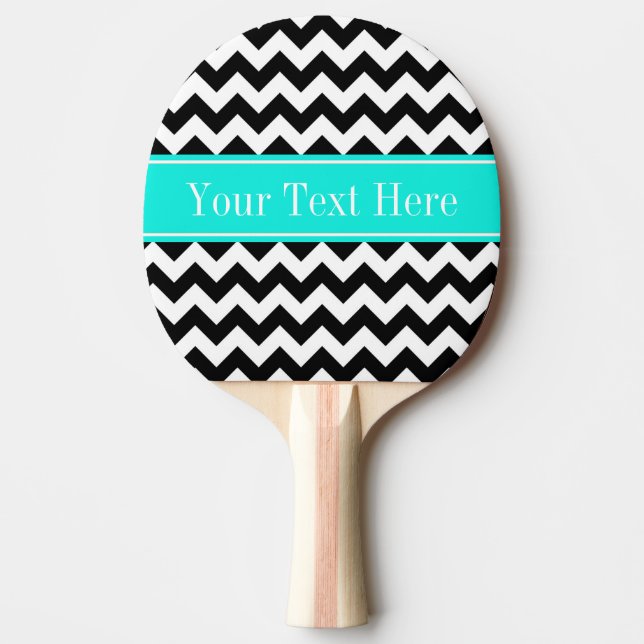 Black White Chevron Zig Zag Brt Aqua Name Monogram Ping-Pong Paddle (Front)