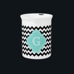 Black White Chevron Zig-Zag Turquoise Monogram Beverage Pitcher<br><div class="desc">Bold Black & White Chevron Zig-Zag Pattern with Turquoise Monogram Label A bold modern chevron / zigzag pattern in black and white with a turquoise blue label for your customizable monogram, name or other text. Need this design in other colors? Drop us a line and let us know! 2013 ©FantabulousPatterns...</div>