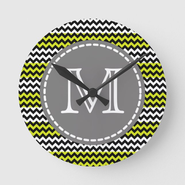 Black White Chevron Zigzag Monogram Round Clock (Front)