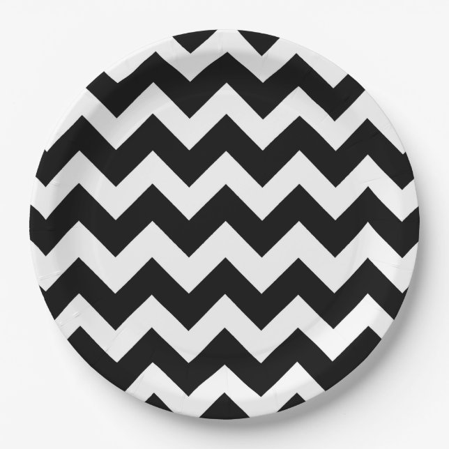 Black White Chevron Zigzag Pattern Paper Plates (Front)