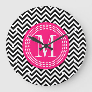 Black & White Chevron Zigzag Personalized Monogram Large Clock