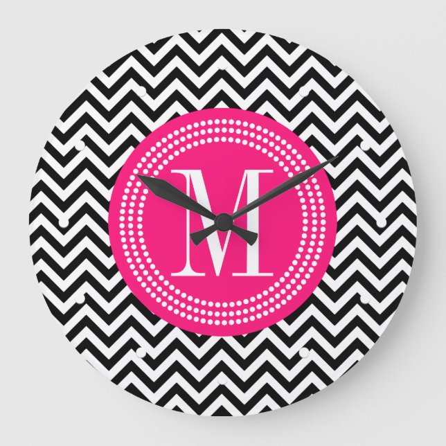Black & White Chevron Zigzag Personalized Monogram Large Clock (Front)