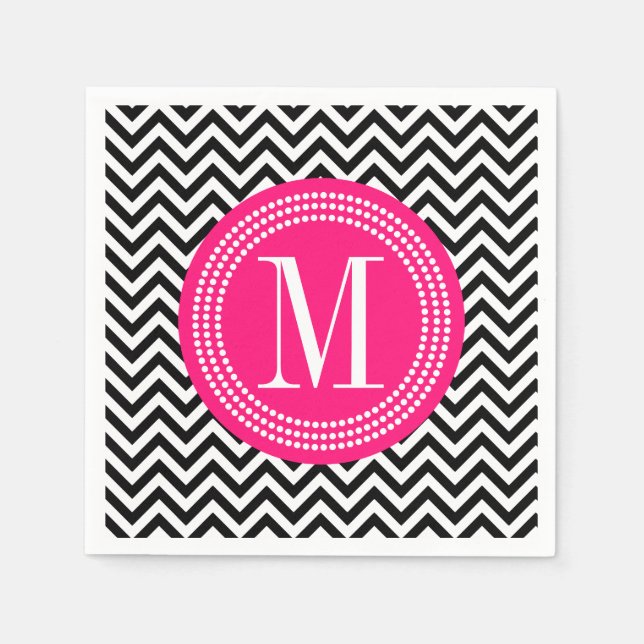Black & White Chevron Zigzag Personalized Monogram Paper Napkins (Front)