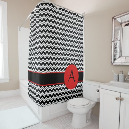 Black White Chevron ZigZag Red Monogram Custom Shower Curtain