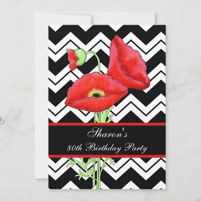 Black White Chevron ZizZag Red Poppy 80th Birthday Invitation (Front)
