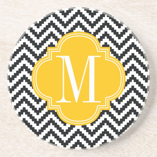 Black & White Chic Aztec Chevron Monogrammed Drink Coaster (Front)