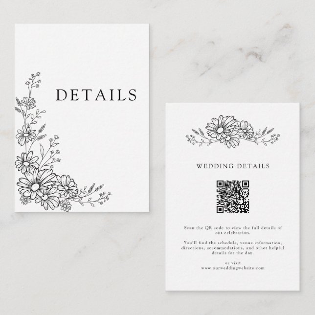 Black White Chic Botanical QR Code Wedding Details Enclosure Card (Front/Back)