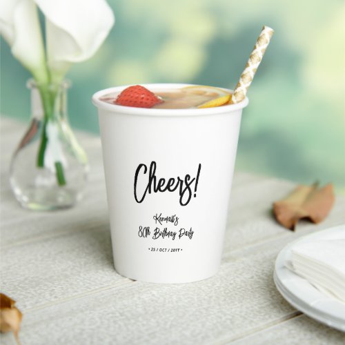 Black  White  Chic Cheers 80th Birthday Party Paper Cups