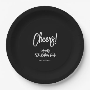 Black & White   Chic Cheers 80th Birthday Party Paper Plates