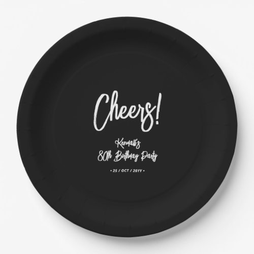 Black  White  Chic Cheers 80th Birthday Party Paper Plates