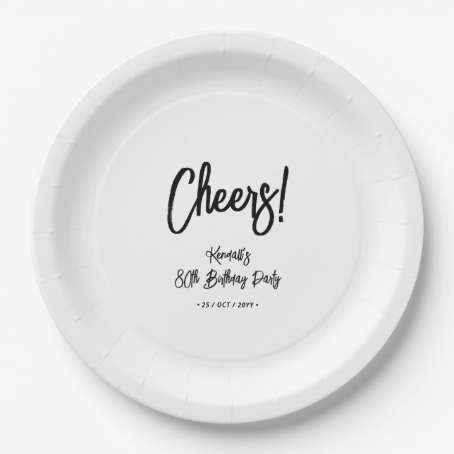 Black & White | Chic Cheers 80th Birthday Party Paper Plates (Front)