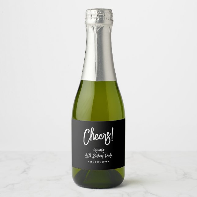 Black & White | Chic Cheers 80th Birthday Party Sparkling Wine Label (Front)