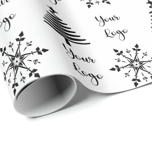 Black White Chic Christmas Tree Retail Custom Logo Wrapping Paper (Roll Corner)