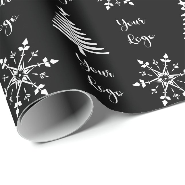 Black White Chic Christmas Tree Retail Custom Logo Wrapping Paper (Roll Corner)
