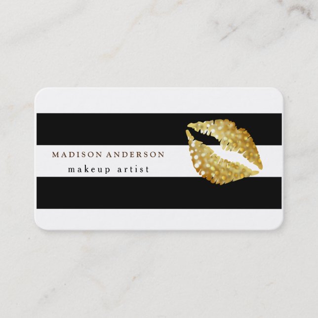 Black & White Chic Gold Lips  Makeup Artist Business Card (Front)