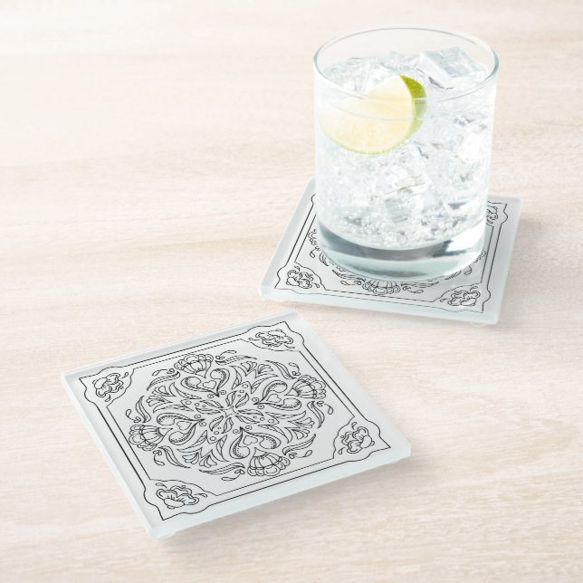 Black & White Chic Medallion Glass Coaster (Angled)