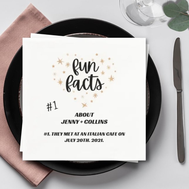 Black White Chic Modern Fun Facts Hearts Wedding Napkins (Creator Uploaded)