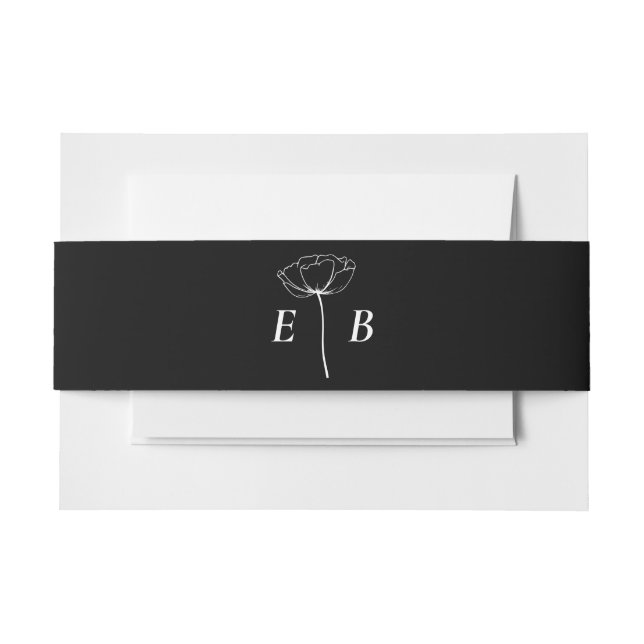 Black White Chic Monogram Floral Accent Initial  Invitation Belly Band (Front Example)