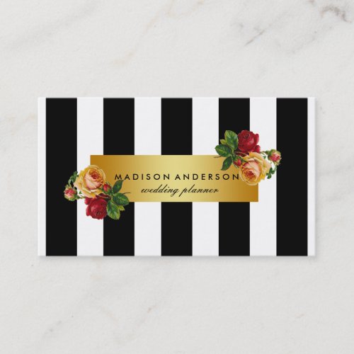 Black White Chic Stripes Gold Vintage Floral Business Card