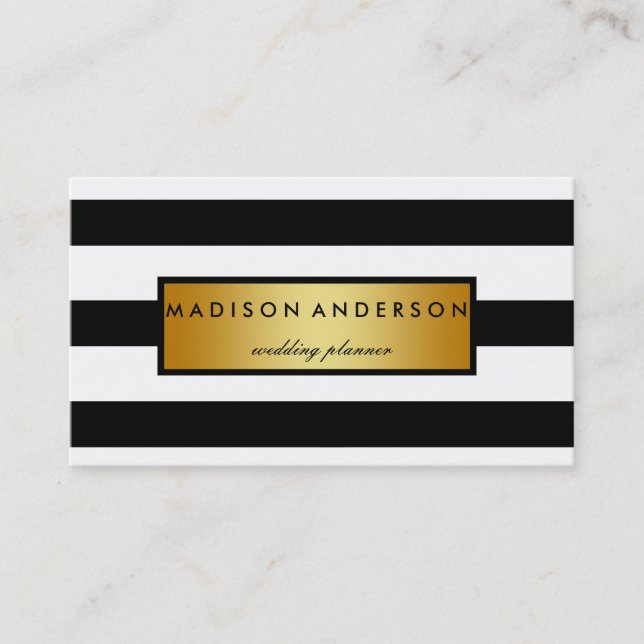 Black & White Chic Stripes in Gold Business Card (Front)