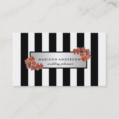 Black White Chic Stripes Silver Vintage Floral Business Card