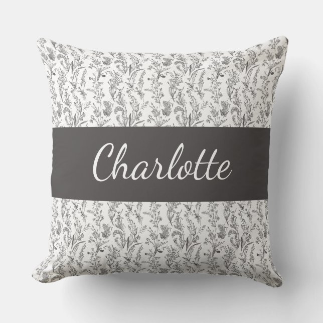 Black White Chic Toile Floral Custom Name Throw Pillow (Front)