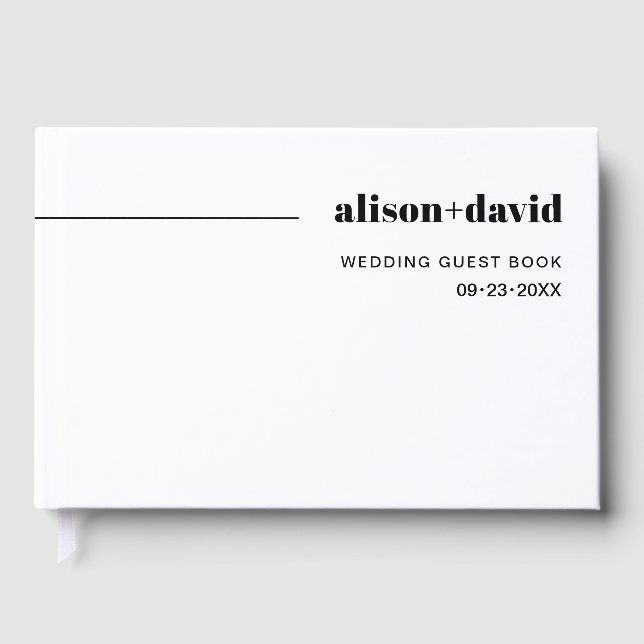 Black, white chic typography minimalist wedding guest book (Front)
